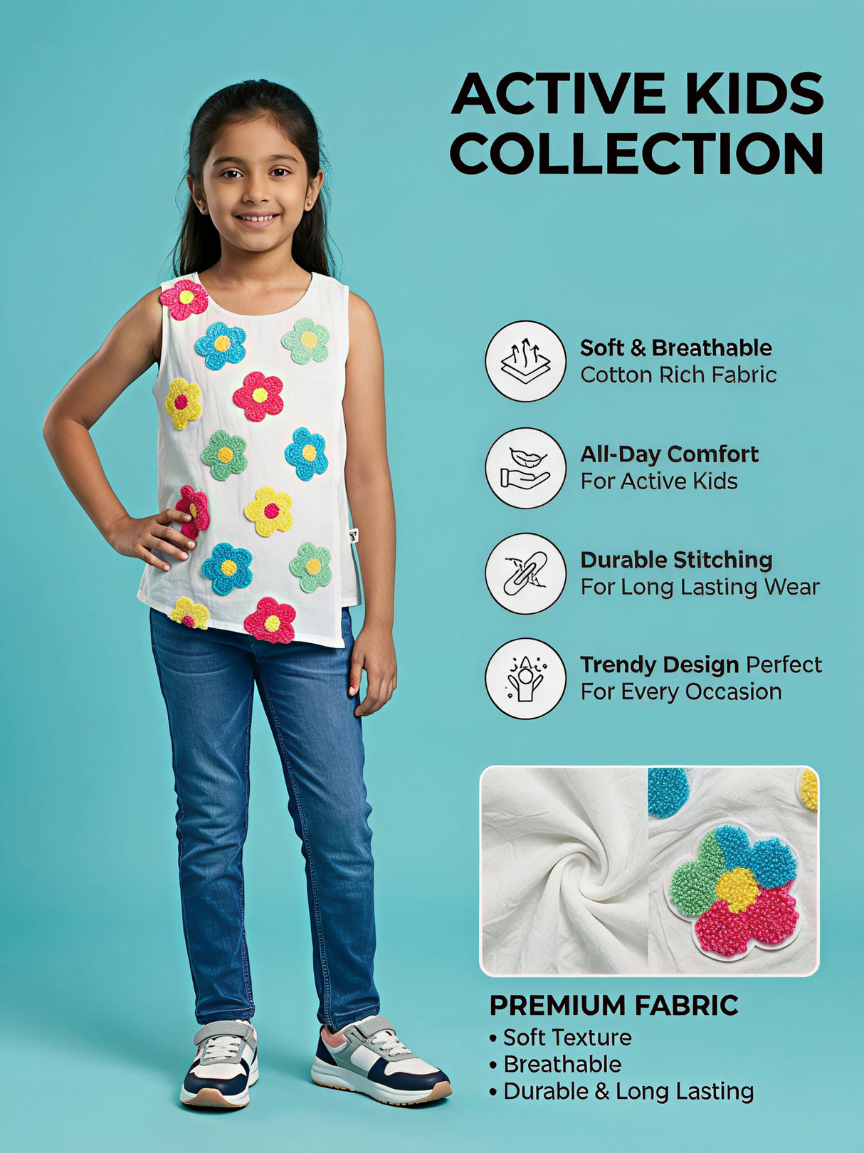 Girls White Floral Chenille Patch Cotton Top