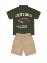 Boys Green Printed Shirt with Beige Cargo Shorts Set.