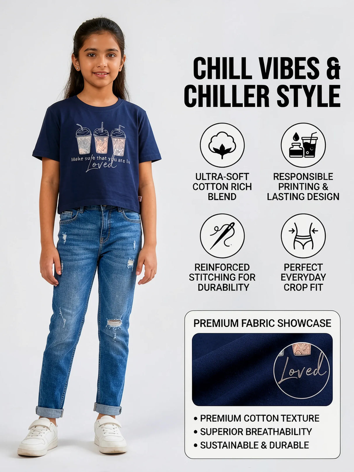 Girls Navy Blue Graphic Print Cotton Crop Top