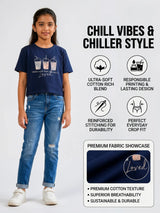Girls Navy Blue Graphic Print Cotton Crop Top