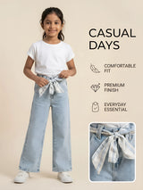 Girls Light Blue Wide Leg Belted Casual Pants.