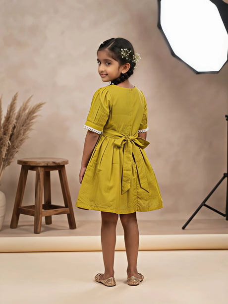 Olive Green Floral Applique Cotton Frocks Kids Ethnic Wear