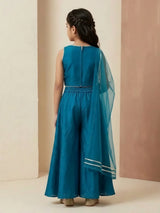 Girls Blue Embroidered Palazzo Set with Dupatta.