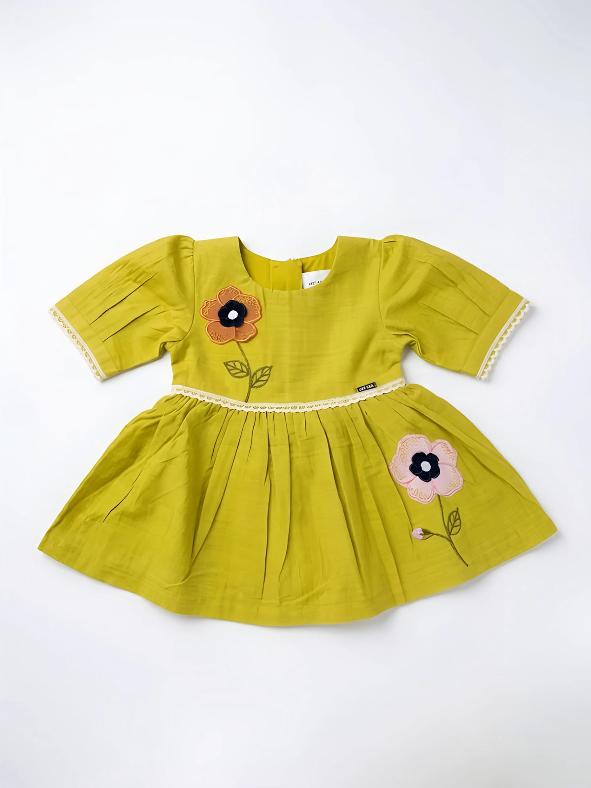 Olive Green Floral Applique Cotton Frocks Kids Ethnic Wear