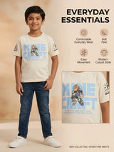 Boys Cream Graphic Printed Round Neck Casual T-Shirt