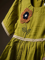 Olive Green Floral Applique Cotton Frocks Kids Ethnic Wear