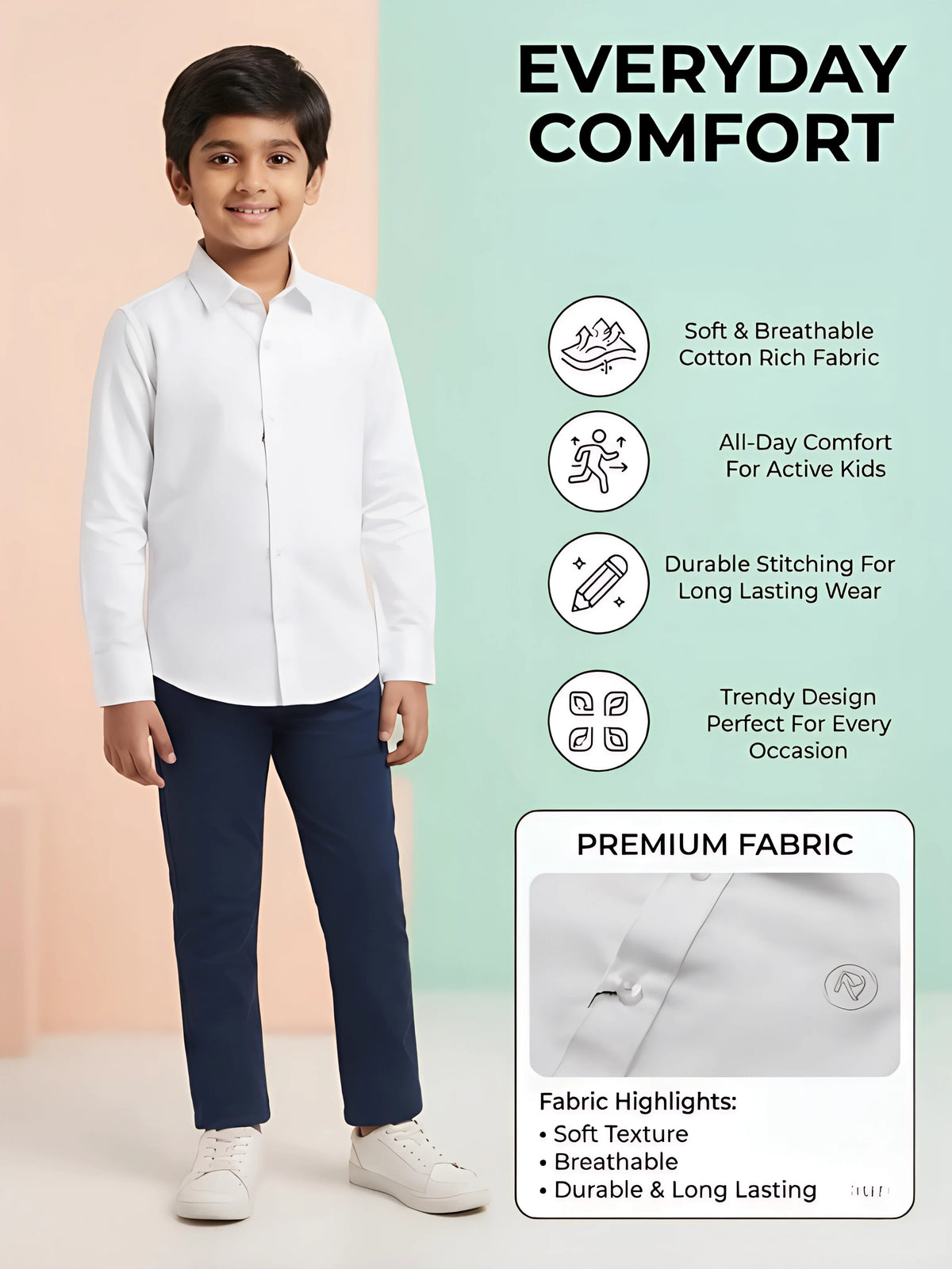 Boys Classic White Long Sleeve Casual Shirt.