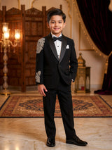 Boys' Sleek Black Coat Suit with Silver Shoulder Embroidery ()