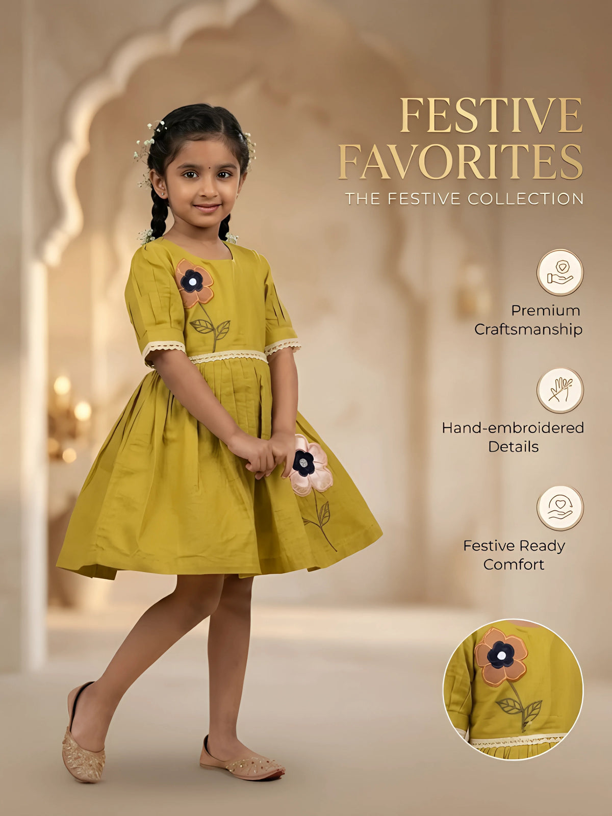 Olive Green Floral Applique Cotton Frocks Kids Ethnic Wear