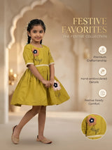 Olive Green Floral Applique Cotton Frocks Kids Ethnic Wear