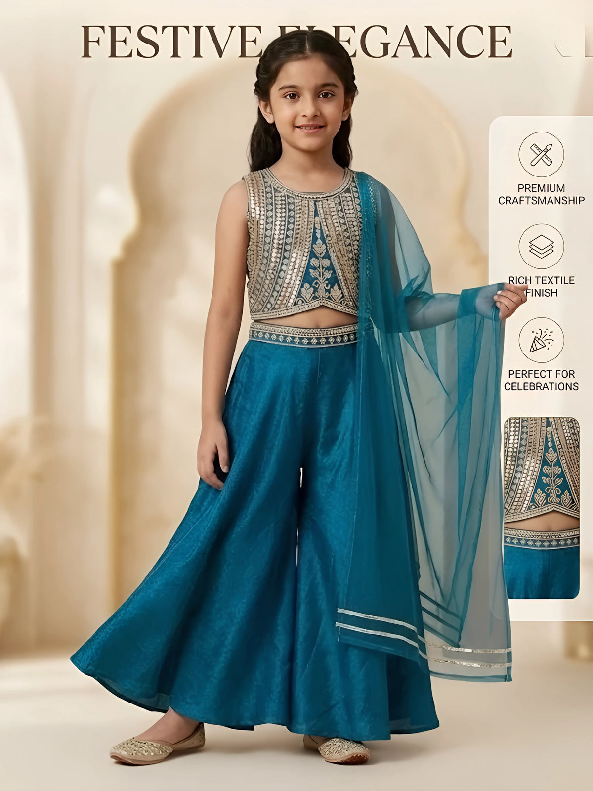 Girls Blue Embroidered Palazzo Set with Dupatta.