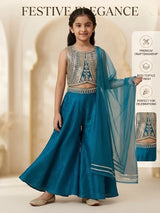 Girls Blue Embroidered Palazzo Set with Dupatta.