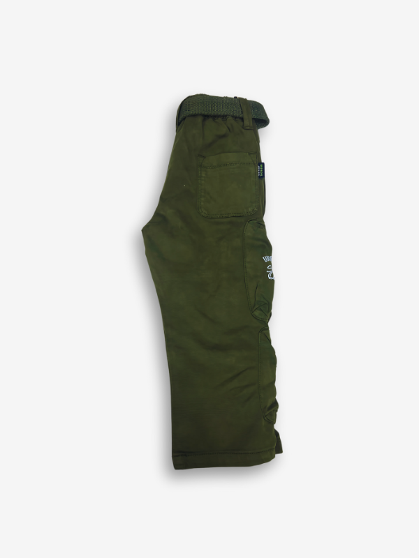 Boys' dark olive green cargo pants with many zippered side pockets, a matching web belt, and cuffed or slightly cropped leg openings.

Export to Sheets