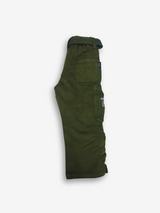 Boys' dark olive green cargo pants with many zippered side pockets, a matching web belt, and cuffed or slightly cropped leg openings.

Export to Sheets