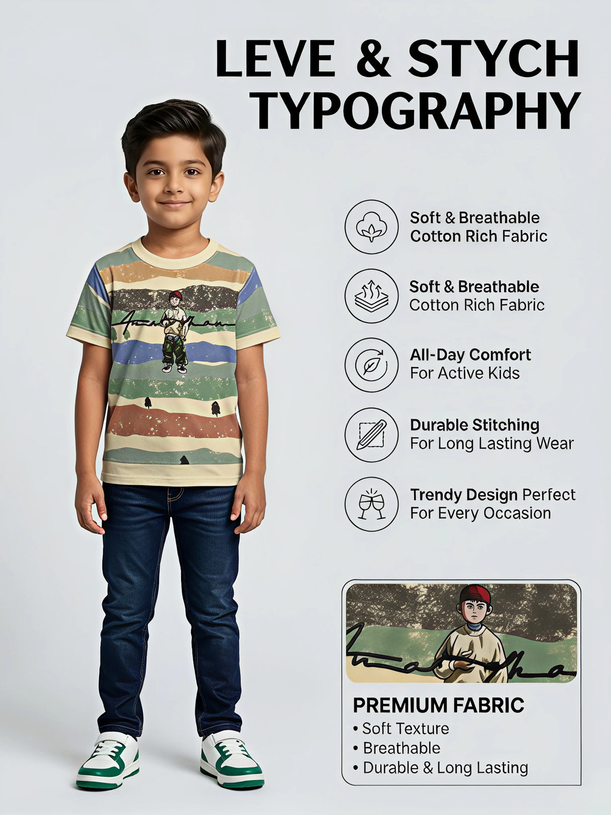 Boys Cream Striped Graphic Print T-Shirt