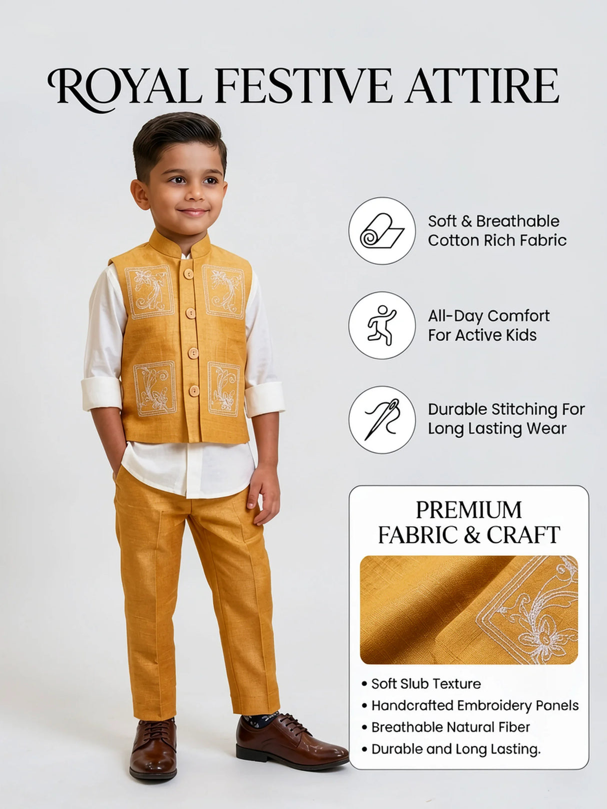 Boys Mustard Yellow Embroidered Waistcoat with Shirt and Trousers Set