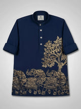 Boys Navy Blue Printed Casual Shirt.
