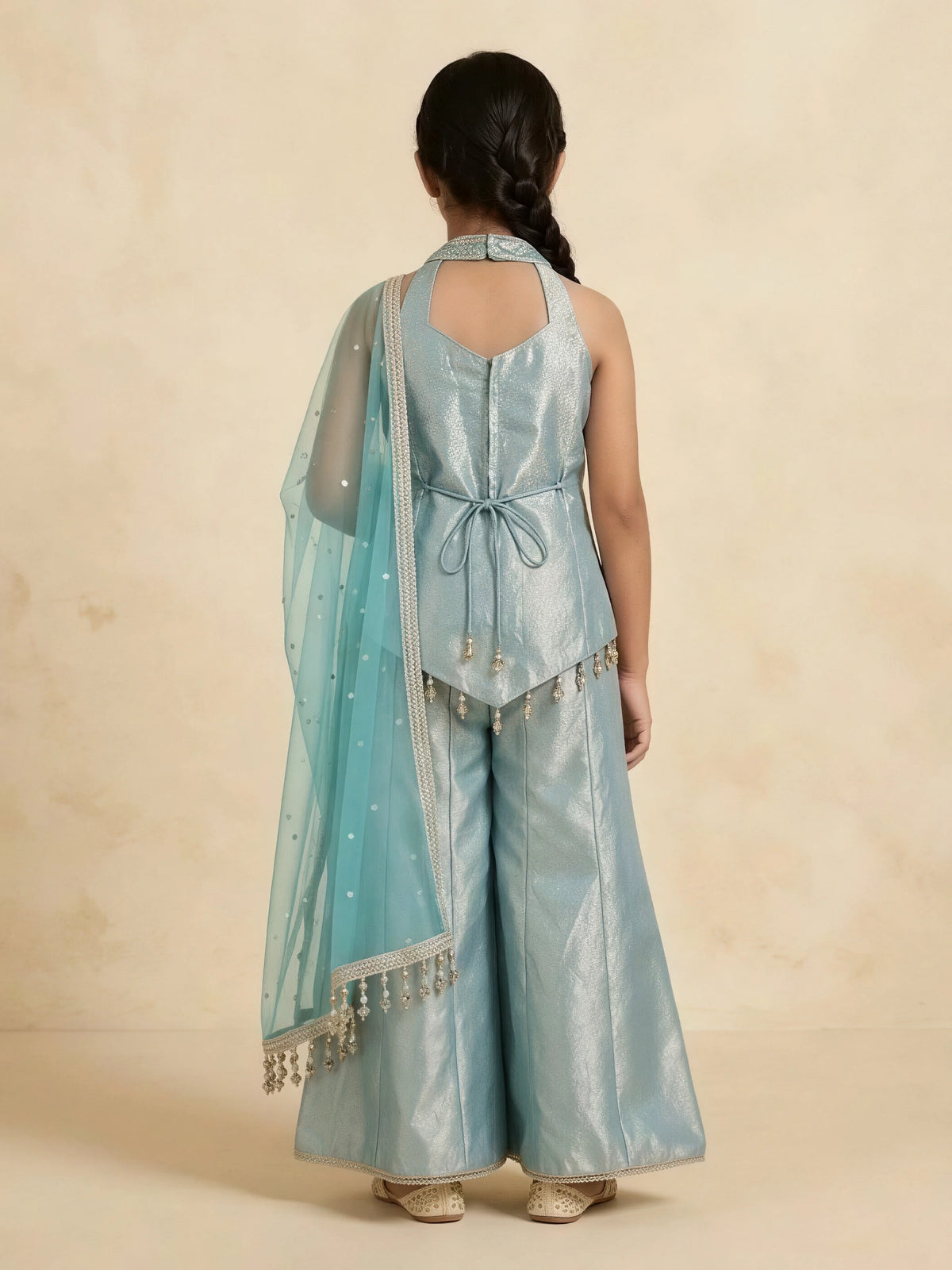 Girls Sea Green Embellished Kurti Palazzo Set with Dupatta.