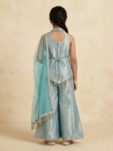 Girls Sea Green Embellished Kurti Palazzo Set with Dupatta.