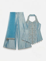 Girls Sea Green Embellished Kurti Palazzo Set with Dupatta.