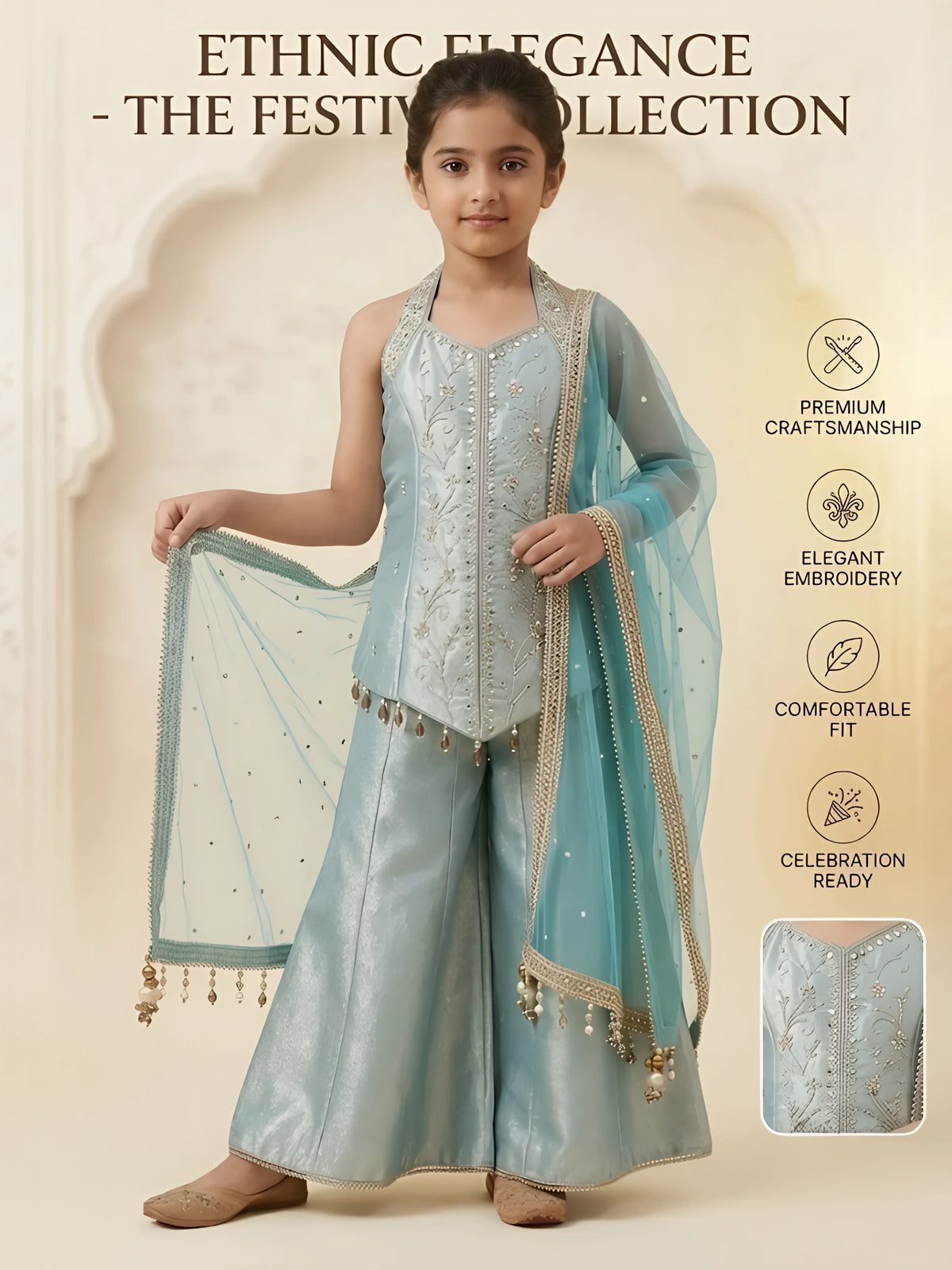 Girls Sea Green Embellished Kurti Palazzo Set with Dupatta.