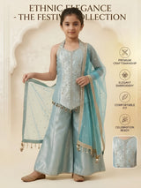 Girls Sea Green Embellished Kurti Palazzo Set with Dupatta.