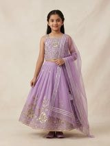 Girls purple embroidered choli set featuring a square neck sleeveless top, flared floral embroidered lehenga skirt, and matching sheer dupatta.