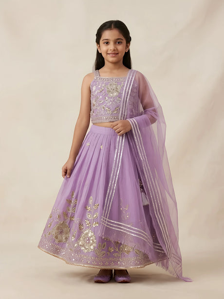 Girls purple embroidered choli set featuring a square neck sleeveless top, flared floral embroidered lehenga skirt, and matching sheer dupatta.