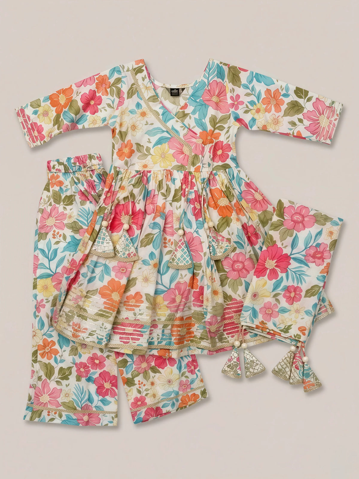 Girls Cream Floral Angrakha Sharara Set.