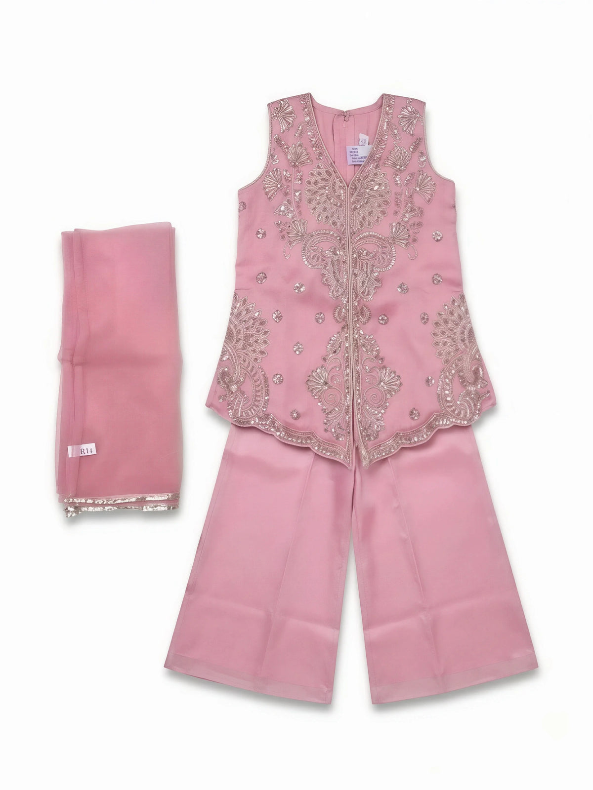Girls Pink Embroidered Kurti Palazzo Set.