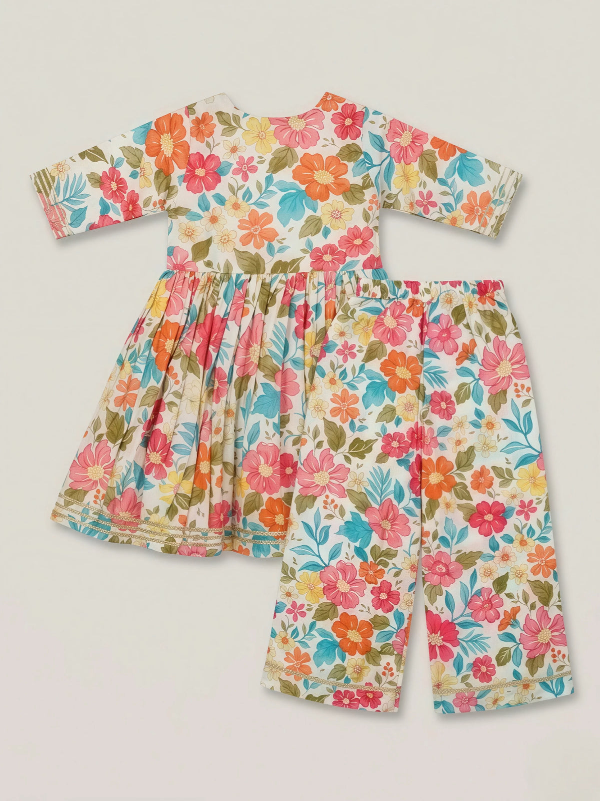 Girls Cream Floral Angrakha Sharara Set.