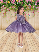 Young girl wearing a full-skirted, shimmering purple/lavender organza party frock with an asymmetrical one-shoulder strap and a large floral appliqué.