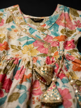 Girls Cream Floral Angrakha Sharara Set.