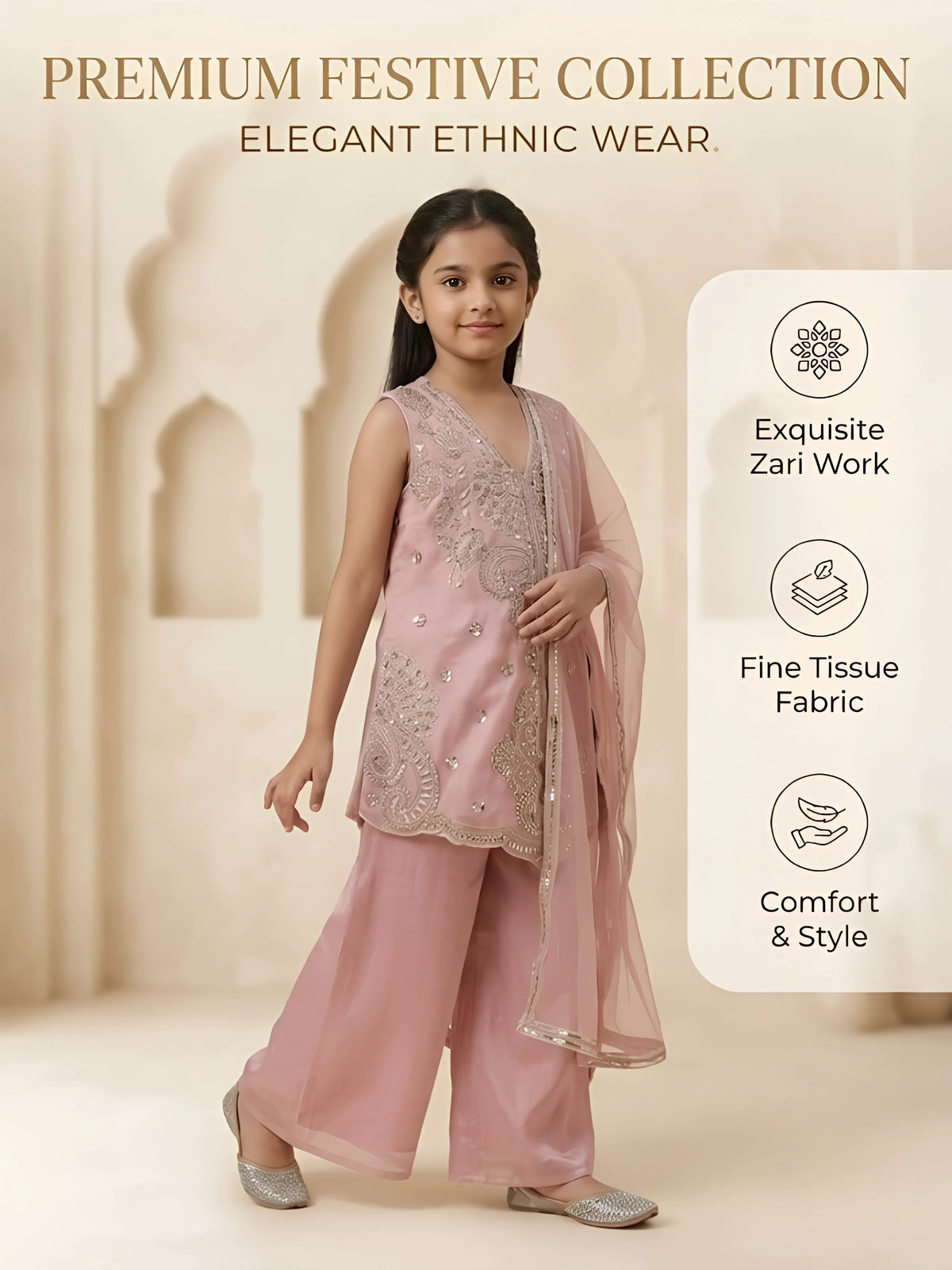 Girls Pink Embroidered Kurti Palazzo Set.