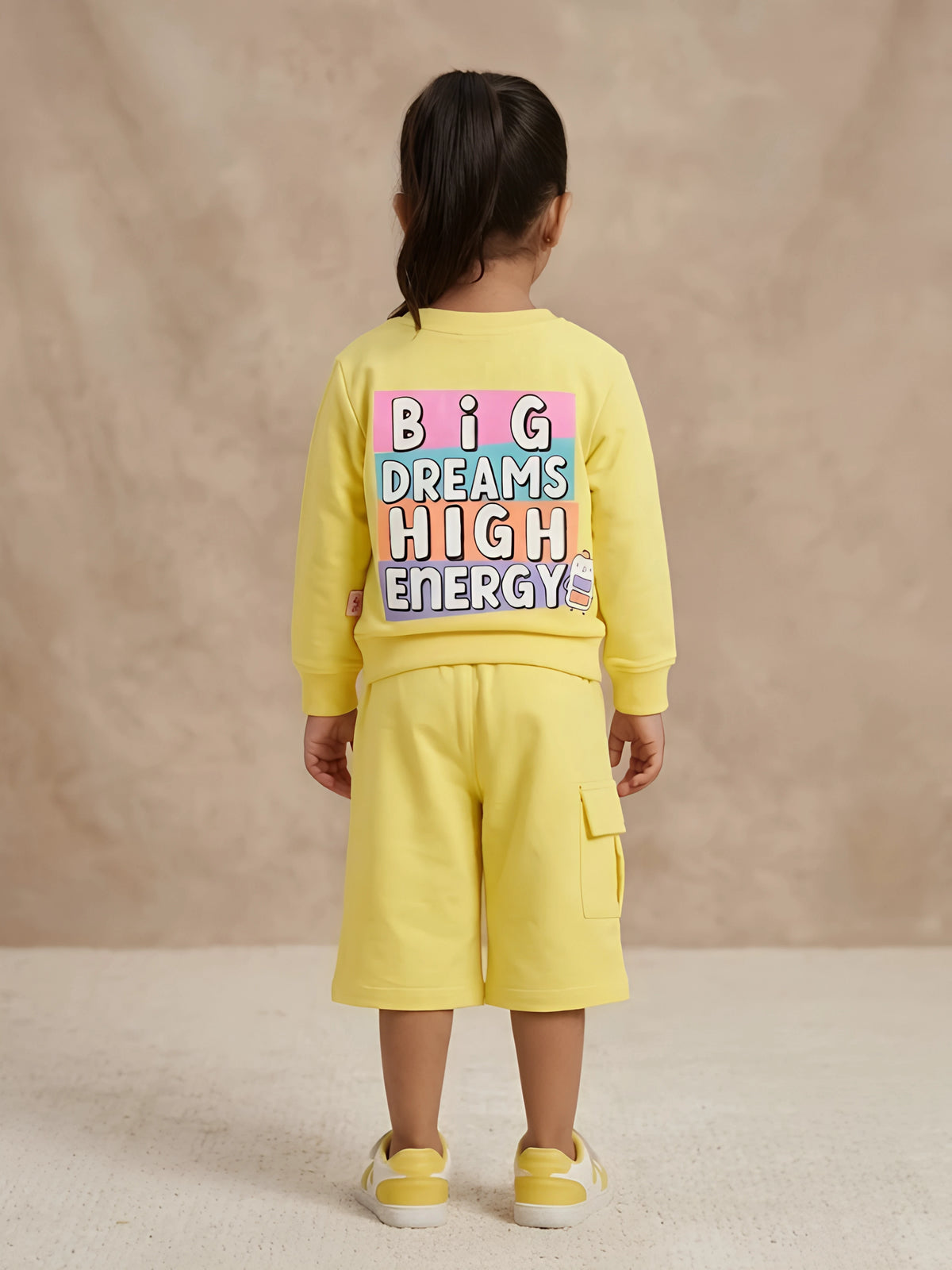 Yellow Cotton Girls Coordinate Set with Sweatshirt and Shorts Kids Casual Wear