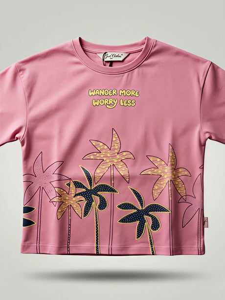 Girls Pink Tropical Palm Print Boxy Tee