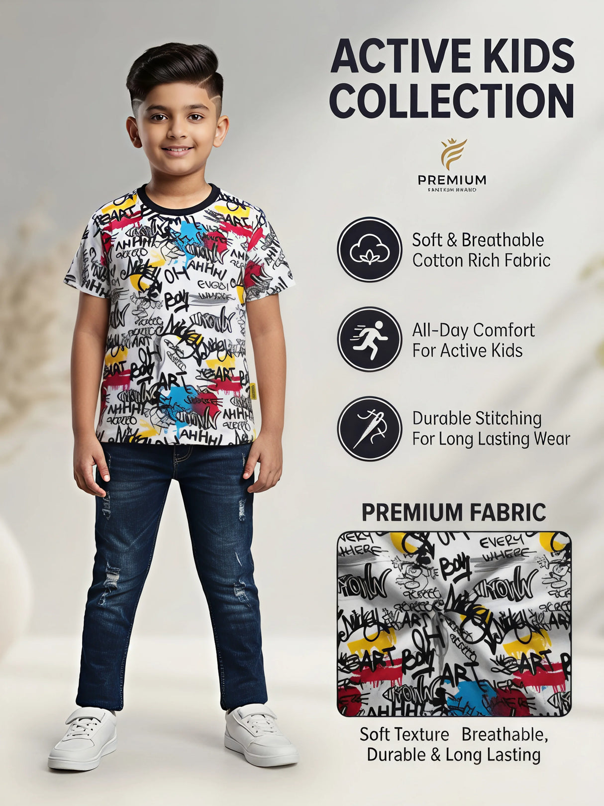 Boys Multicolor Graffiti Printed Round Neck T-Shirt