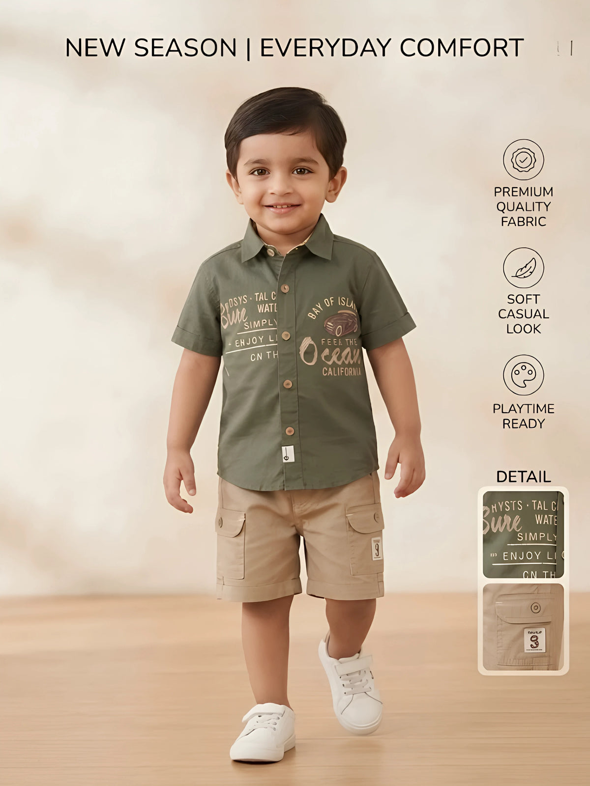 Boys Green Printed Shirt with Beige Cargo Shorts Set.