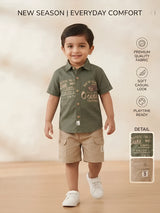 Boys Green Printed Shirt with Beige Cargo Shorts Set.
