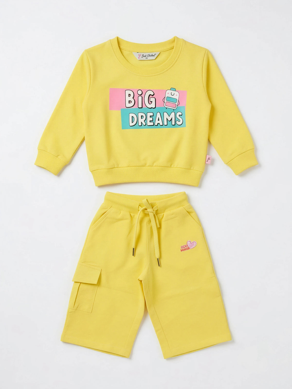 Yellow Cotton Girls Coordinate Set with Sweatshirt and Shorts Kids Casual Wear