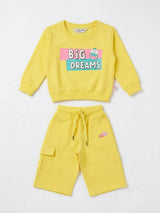Yellow Cotton Girls Coordinate Set with Sweatshirt and Shorts Kids Casual Wear