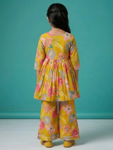Girls Green Floral Printed Angrakha Sharara Set.