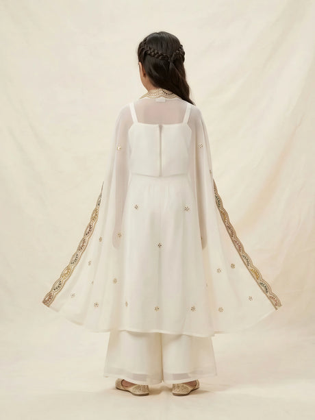 Girls Cream Embroidered Top with Palazzo and Shrug Set.