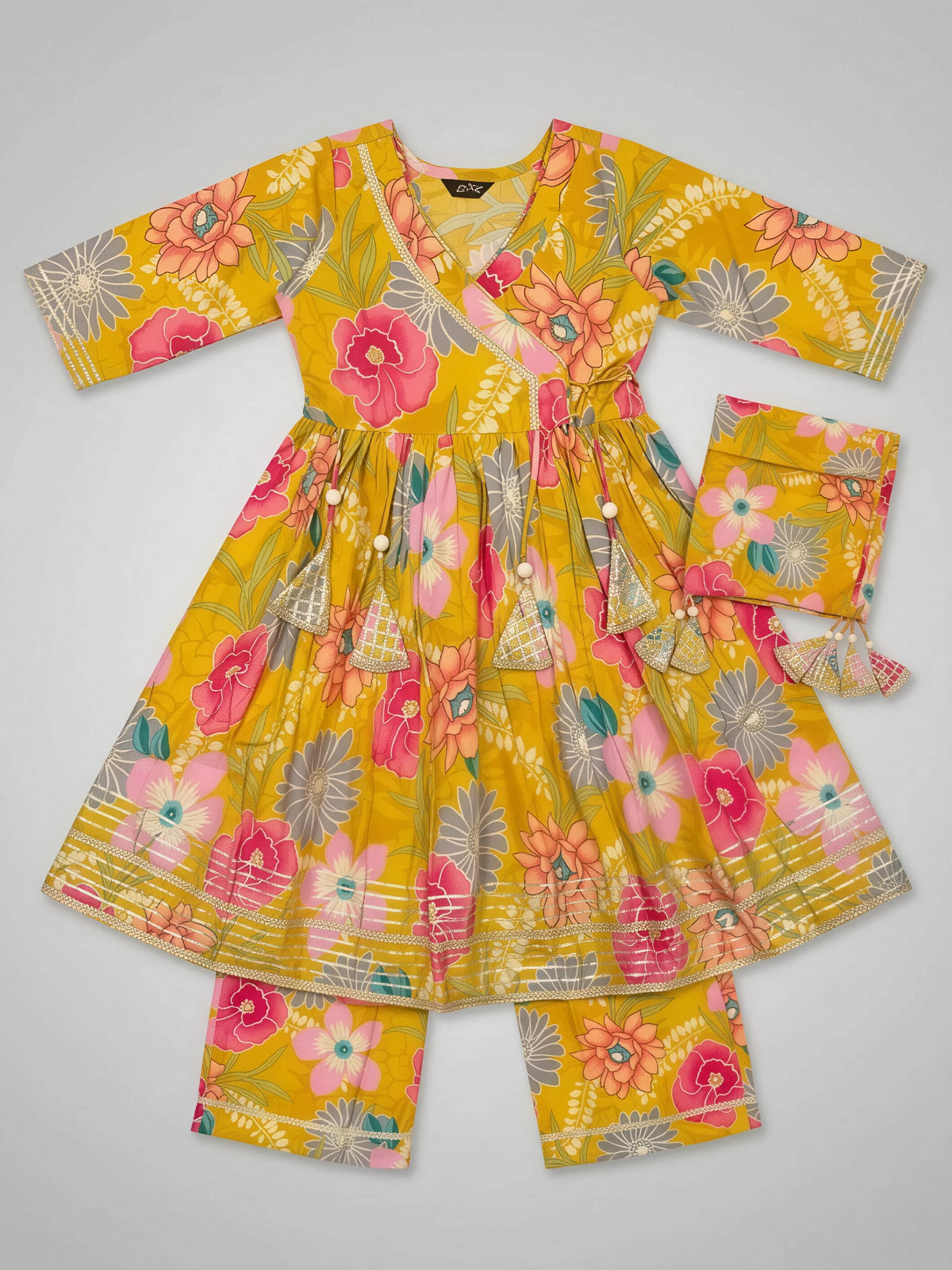 Girls Green Floral Printed Angrakha Sharara Set.