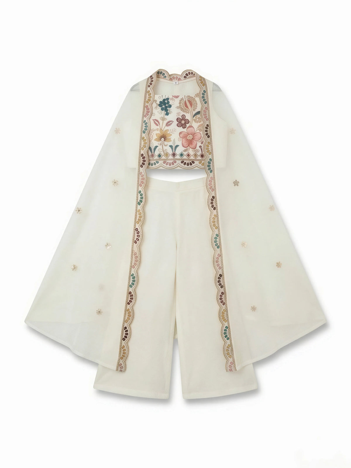 Girls Cream Embroidered Top with Palazzo and Shrug Set.