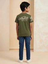 Boys Olive Green Anime Graphic Printed Casual T-Shirt