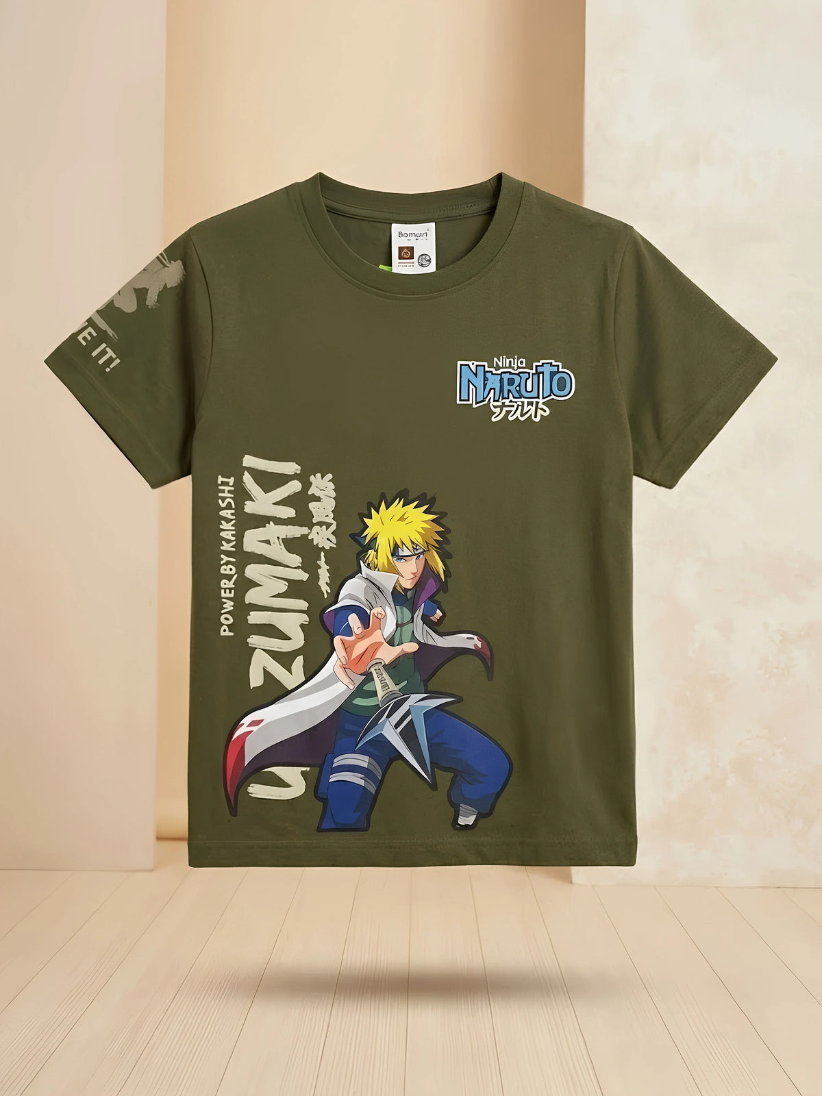 Boys Olive Green Anime Graphic Printed Casual T-Shirt