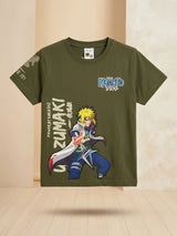 Boys Olive Green Anime Graphic Printed Casual T-Shirt