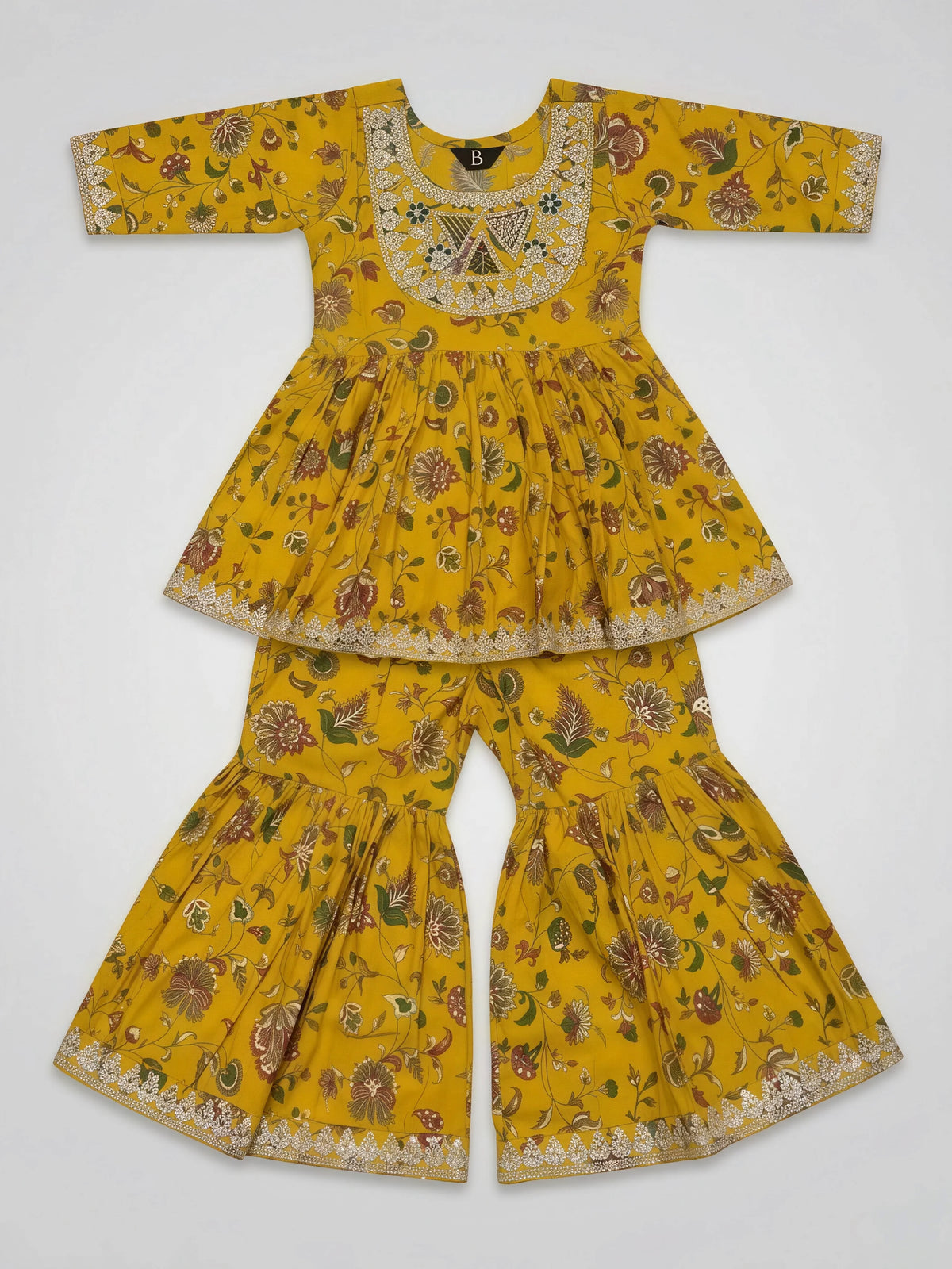 Girls Olive Green Printed Sharara Set.