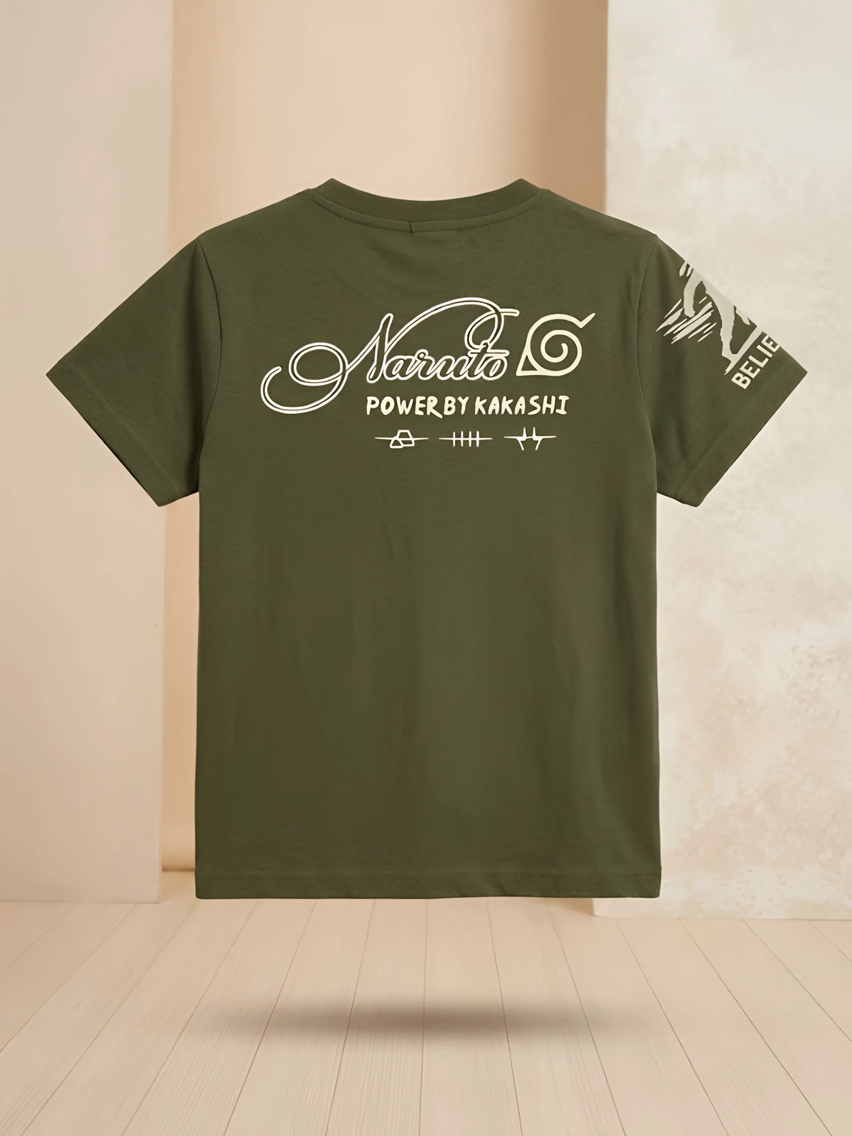 Boys Olive Green Anime Graphic Printed Casual T-Shirt